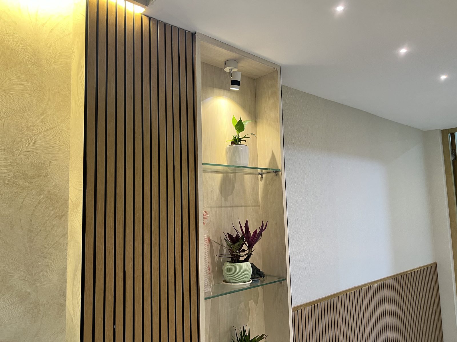 A shelf by the entrance, wood and plants